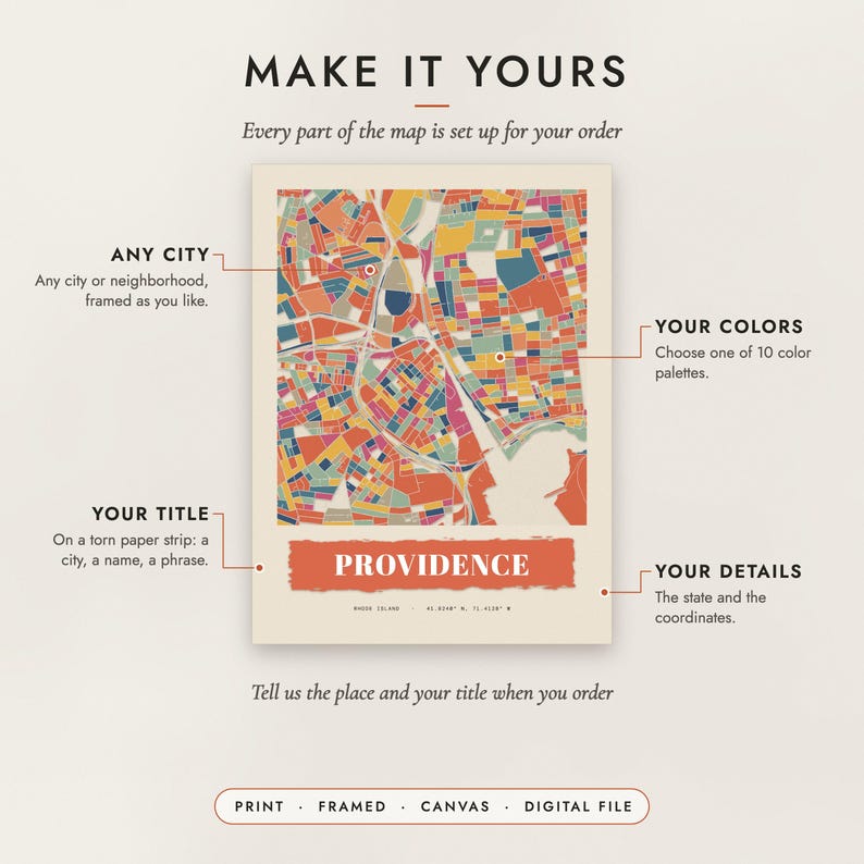 Diagram of what you can personalize: location, colors, title and details