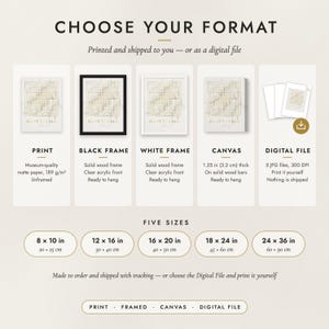 The formats to choose from: matte paper print, black frame, white frame, canvas and the digital file, with the five sizes