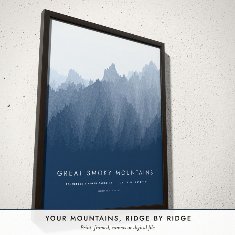 Three-quarter view of the framed Ridgeline Mountain Map poster on a white plaster wall