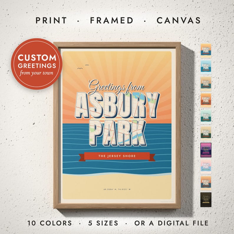 Greetings From Postcard Map print in a natural oak frame on a white wall — print, framed, canvas or digital file, 10 colors, 5 sizes