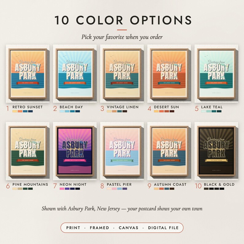 The Greetings From Postcard Map in all 10 color options, numbered 1 to 10 with their names