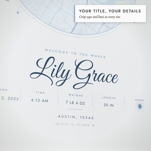 Close-up of the personalized title and details on the Birth Map print