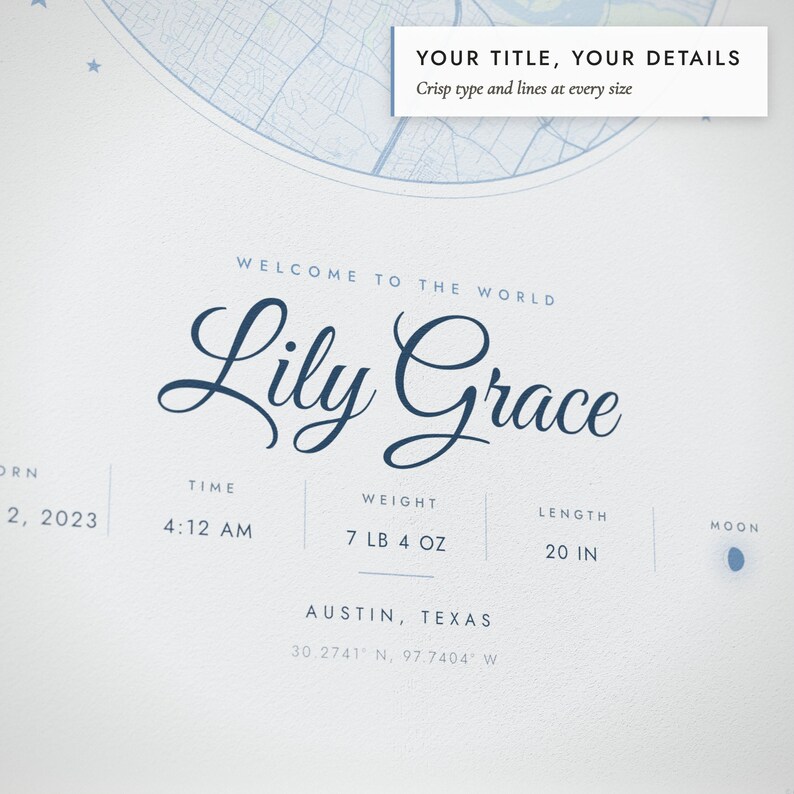 Close-up of the personalized title and details on the Birth Map print