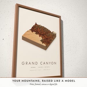 Three-quarter view of the framed 3D Terrain Map poster on a white plaster wall