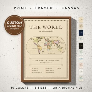 Antique World Map print in a walnut frame on a white wall — print, framed, canvas or digital file, 10 colors, 5 sizes