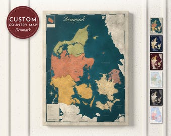Denmark Map Print, Personalized Denmark Wall Art for Canvas or Poster, Detailed Map with Cities, Danish Gift, Framed, Canvas or Digital