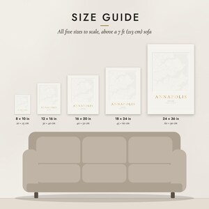 Size guide: 8×10, 12×16, 16×20, 18×24, 24×36 inch prints shown to scale above a sofa