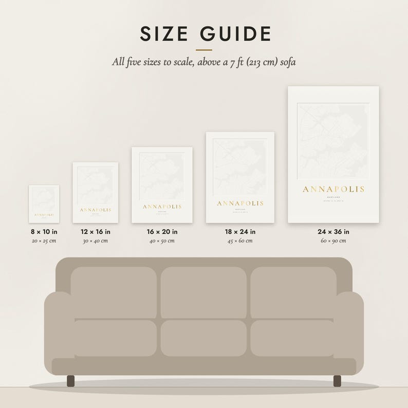 Size guide: 8×10, 12×16, 16×20, 18×24, 24×36 inch prints shown to scale above a sofa