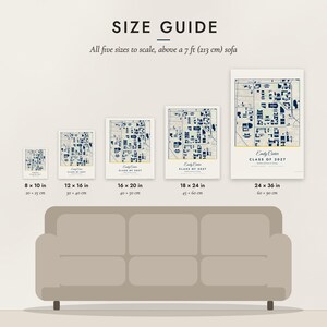 Size guide: 8×10, 12×16, 16×20, 18×24, 24×36 inch prints shown to scale above a sofa