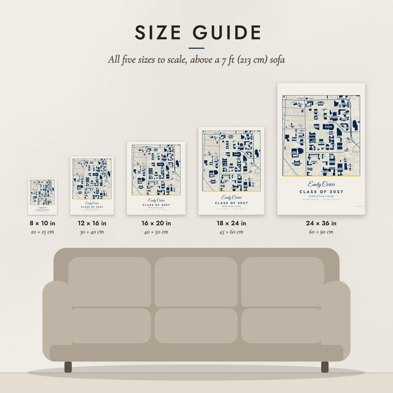 Size guide: 8×10, 12×16, 16×20, 18×24, 24×36 inch prints shown to scale above a sofa