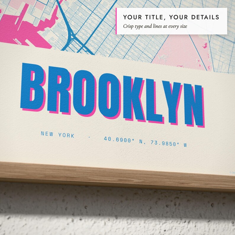 Close-up of the personalized title and details on the Risograph City Map print