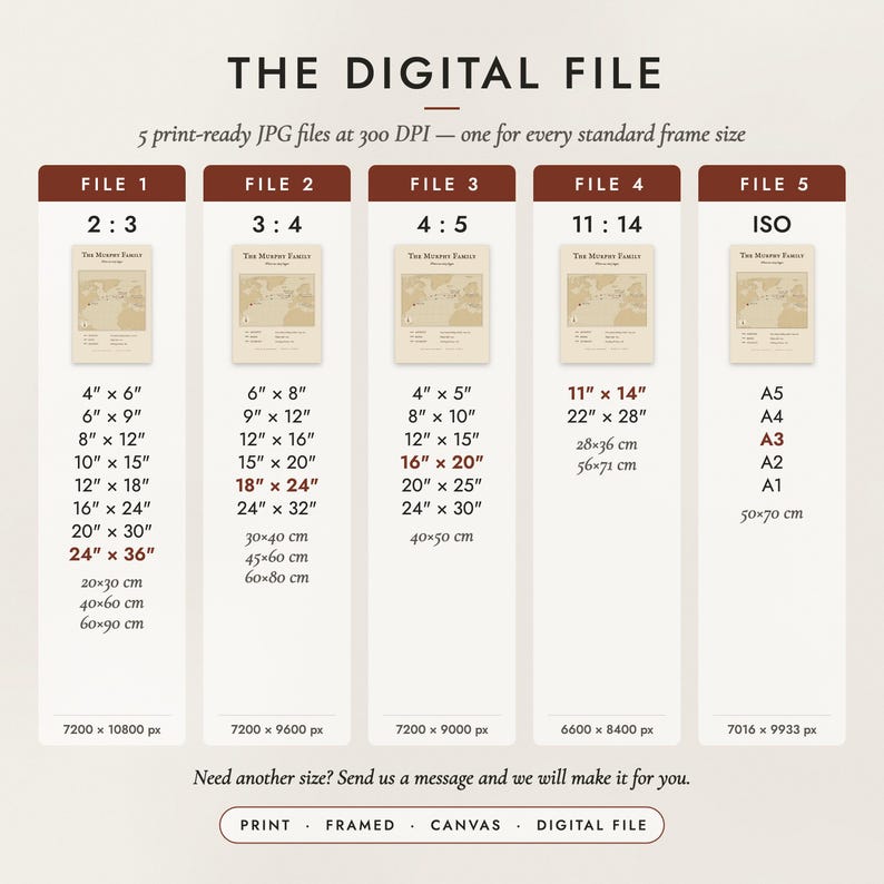 The Digital File option: five print-ready JPG files in 2:3, 3:4, 4:5, 11:14 and ISO ratios at 300 DPI