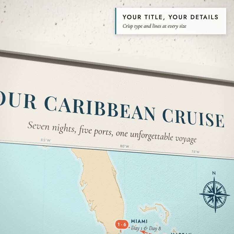 Close-up of the personalized title and details on the Cruise Route Map print