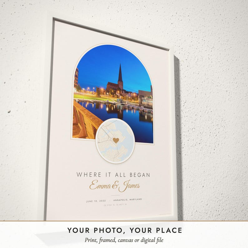Three-quarter view of the framed Photo & Map Print poster on a white plaster wall