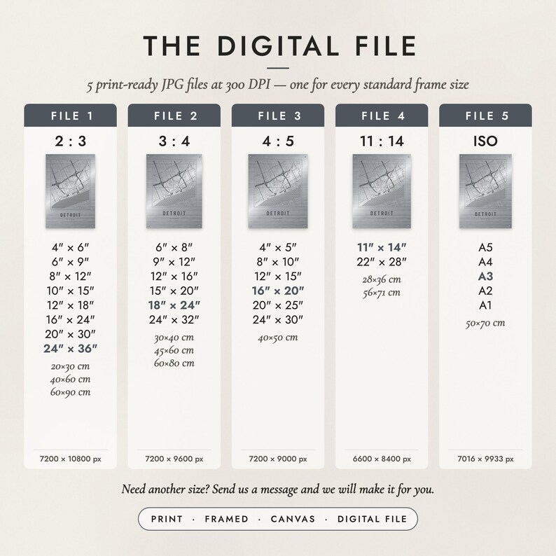 The Digital File option: five print-ready JPG files in 2:3, 3:4, 4:5, 11:14 and ISO ratios at 300 DPI
