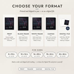 The formats to choose from: matte paper print, black frame, white frame, canvas and the digital file, with the five sizes