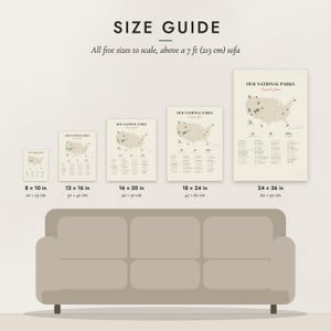 Size guide: 8×10, 12×16, 16×20, 18×24, 24×36 inch prints shown to scale above a sofa