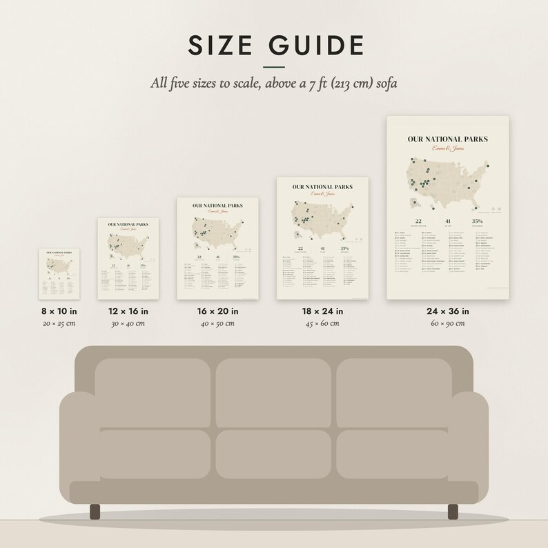 Size guide: 8×10, 12×16, 16×20, 18×24, 24×36 inch prints shown to scale above a sofa