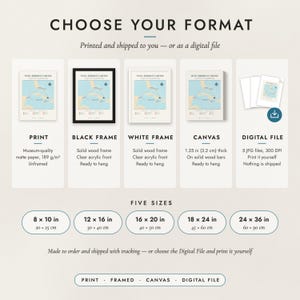 The formats to choose from: matte paper print, black frame, white frame, canvas and the digital file, with the five sizes