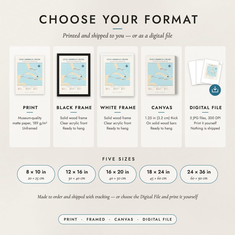 The formats to choose from: matte paper print, black frame, white frame, canvas and the digital file, with the five sizes