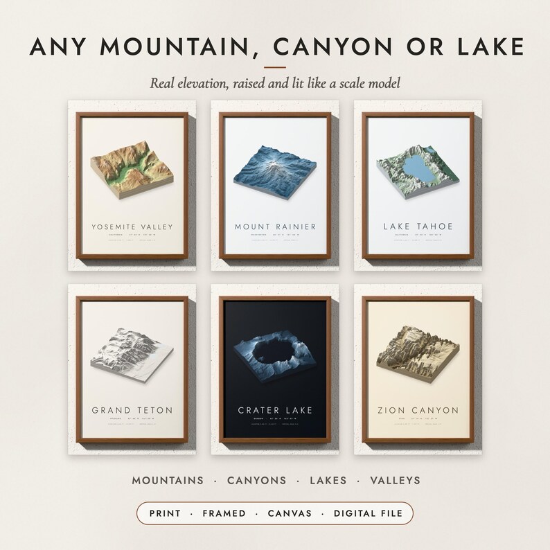 3D Terrain Map examples for six mountains and lakes
