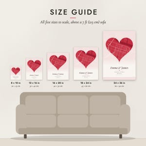 Size guide: 8×10, 12×16, 16×20, 18×24, 24×36 inch prints shown to scale above a sofa