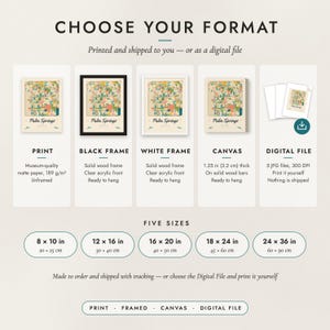 The formats to choose from: matte paper print, black frame, white frame, canvas and the digital file, with the five sizes