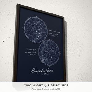 Three-quarter view of the framed Two Skies Star Map poster on a white plaster wall