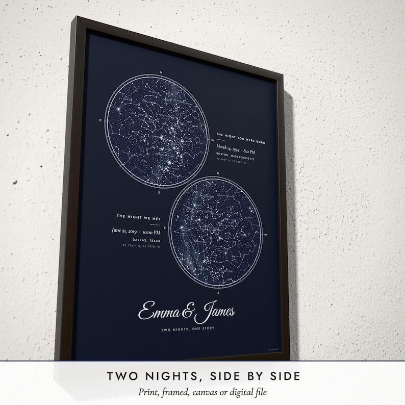 Three-quarter view of the framed Two Skies Star Map poster on a white plaster wall