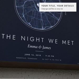 Close-up of the personalized title and details on the Sky & City Map print