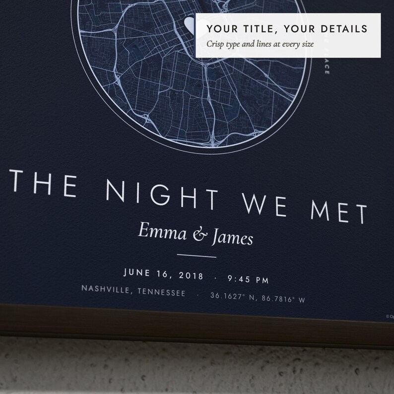 Close-up of the personalized title and details on the Sky & City Map print