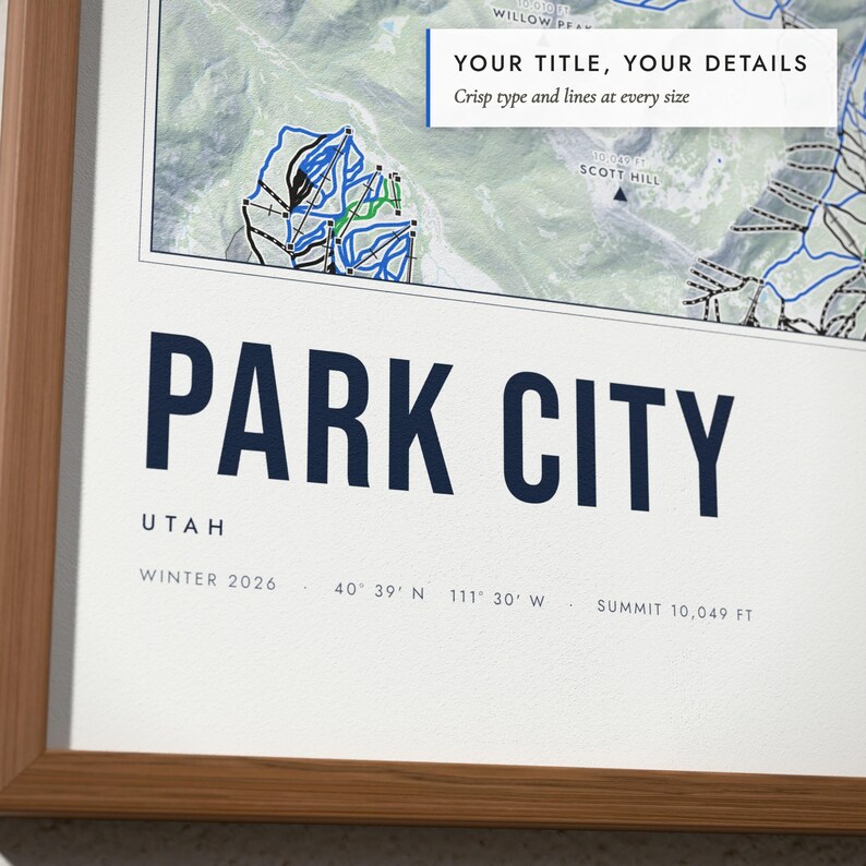 Close-up of the personalized title and details on the Ski Resort Map print