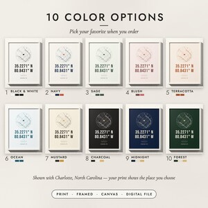 The Coordinates Print in all 10 color options, numbered 1 to 10 with their names