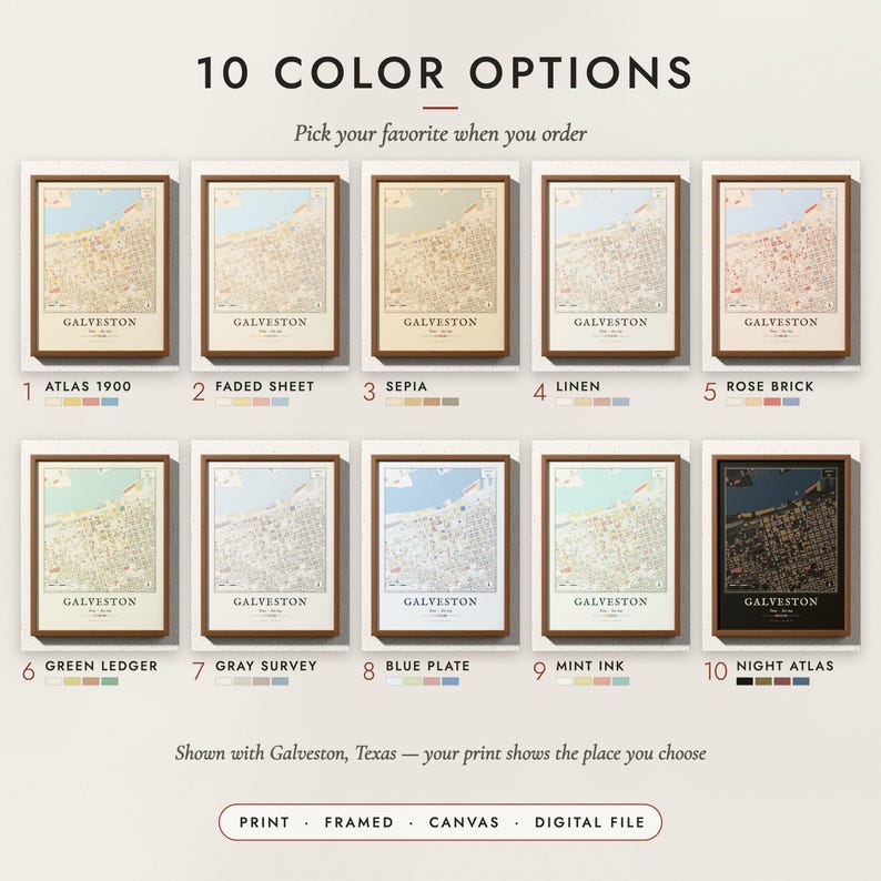 The Vintage Fire Atlas Map in all 10 color options, numbered 1 to 10 with their names