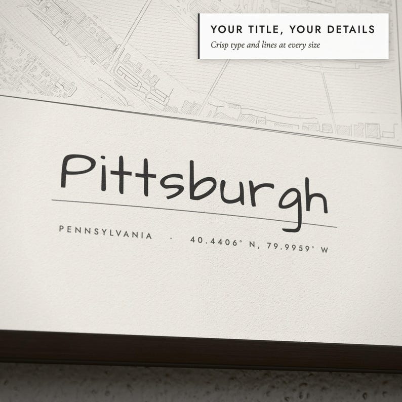Close-up of the personalized title and details on the Pencil Sketch City Map print