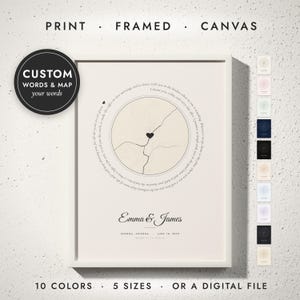 Words & Map Print in a white frame on a white wall — print, framed, canvas or digital file, 10 colors, 5 sizes