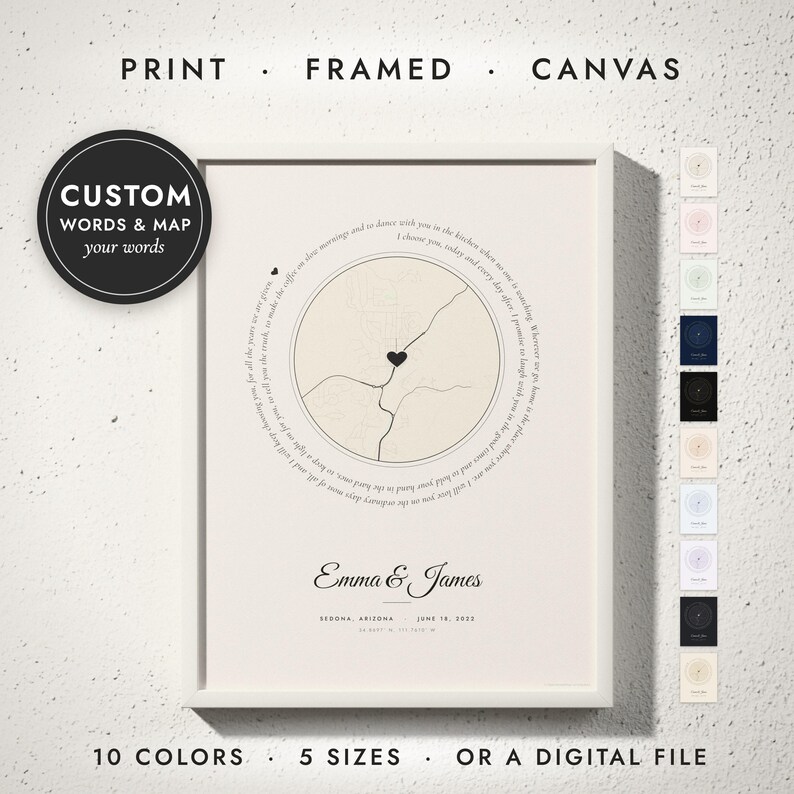Words & Map Print in a white frame on a white wall — print, framed, canvas or digital file, 10 colors, 5 sizes