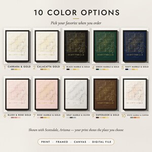 The Marble & Gold City Map in all 10 color options, numbered 1 to 10 with their names