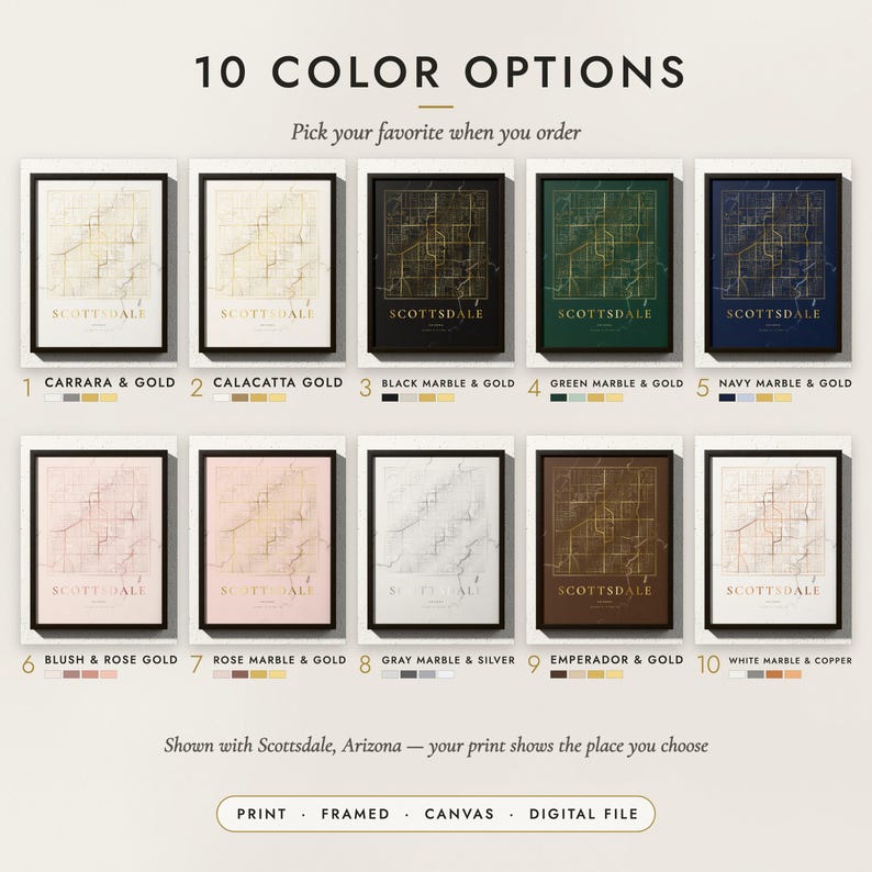 The Marble & Gold City Map in all 10 color options, numbered 1 to 10 with their names