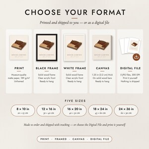 The formats to choose from: matte paper print, black frame, white frame, canvas and the digital file, with the five sizes