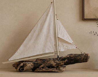 Large Driftwood Sailboat Sculpture: Handmade Coastal Decor, Large Drift wood Sculpture