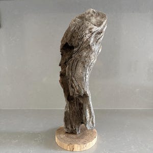May include: A piece of weathered, grey driftwood with a textured, gnarled surface standing vertically. The wood is securely mounted onto a circular, light-colored wooden base that shows visible grain patterns and a smooth, flat top surface.