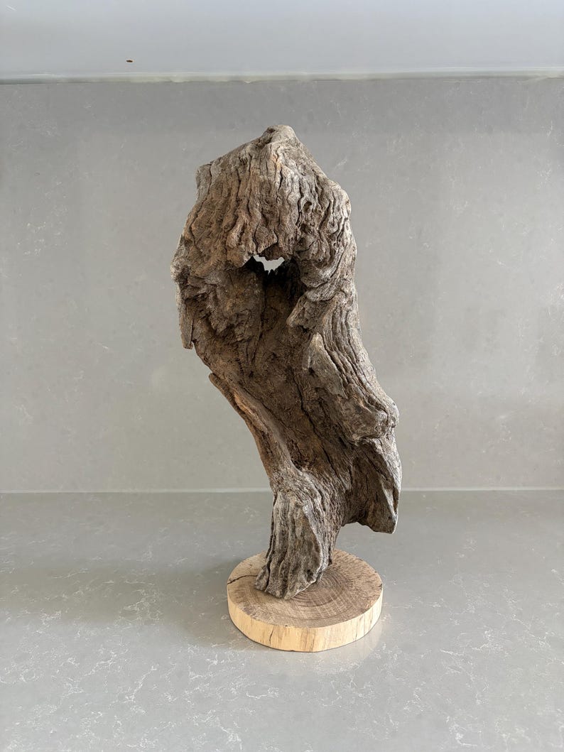 May include: A piece of weathered, textured driftwood with a natural hole near the top, mounted vertically on a circular, light-colored wooden base. The wood displays deep grooves, ridges, and a gray-brown color throughout its organic form.