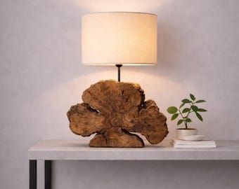 Lámpara de madera con borde natural: Lámpara de mesita de noche de madera de olivo, lámpara de mesa rústica hecha a mano, lámpara de mesita de noche de estilo granja.