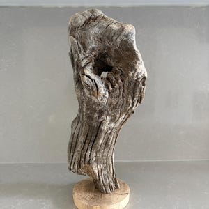May include: A piece of weathered, grey driftwood with a natural hollow opening, mounted vertically on a circular, light-colored wooden base. The wood surface displays deep, textured grain patterns and a rugged, organic shape with varied brown tones.