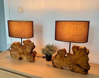 Paar Olivenholz Tischlampen: Rustikales Nachttischlampen Set, Live Edge Nachttischlampen, Handgefertigte Holzlampen