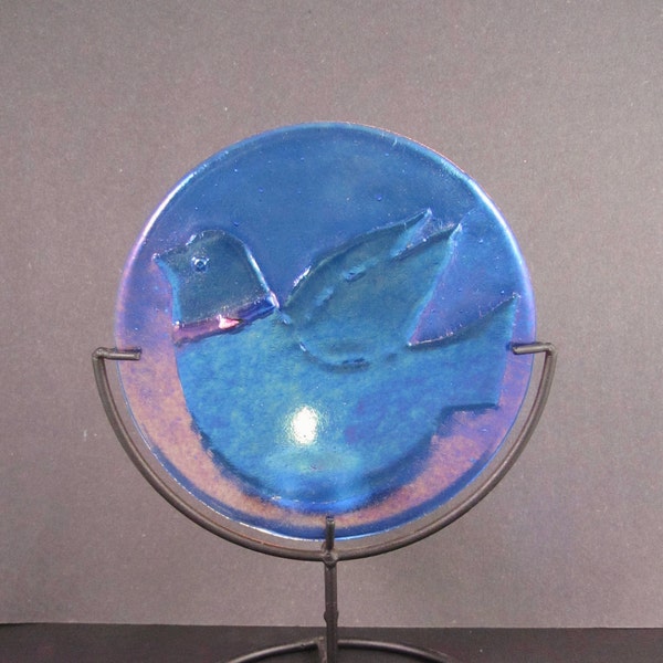 Fused Glass Candle Dish -  Blue Bird on Iridized Glass