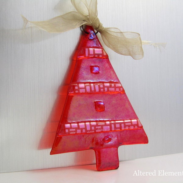 Orange Iridized Fused Glass Christmas Tree - Orange Fused Glass Ornament - Orange Christmas Tree with Dichroic Accents - Holiday Decoration