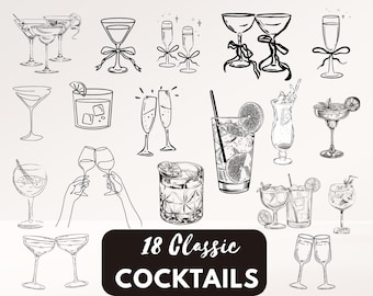 Hand Drawn Cocktail Illustrations SVG: 18 Classic Drinks (Digital Download