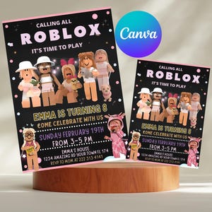 Editable Roblox Girl Invitation, Roblox Girl Birthday Party Theme, Roblox Girls Birthday Invitation Template, Gamer Girl, Editable Canva
